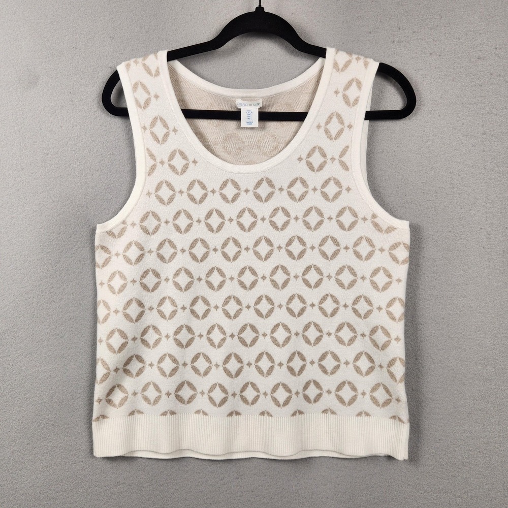 Sigrid Olsen Sweater Vest Womens Large White‎ Beige Geometric Knit Sleeveless